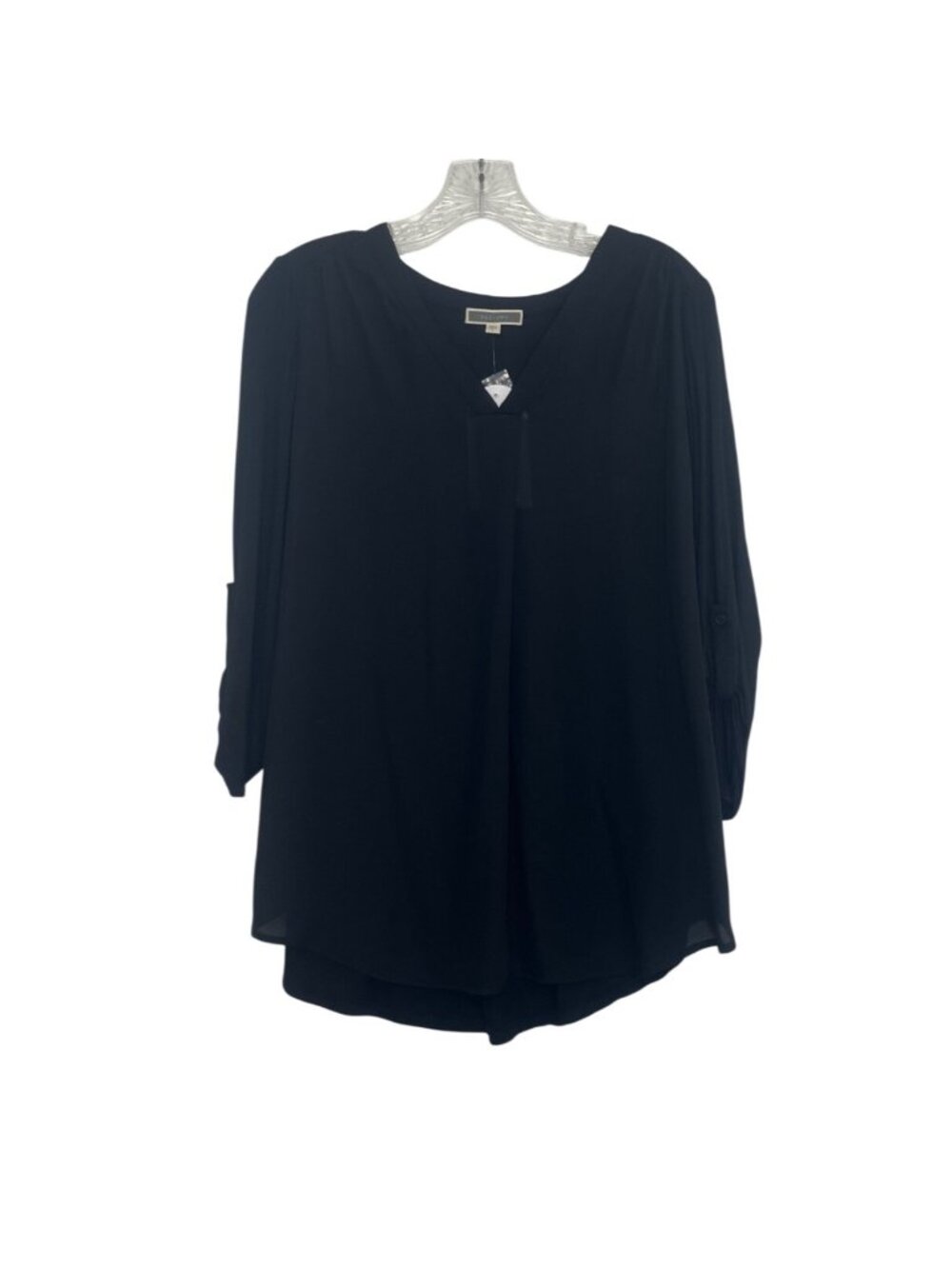 Pleione Vneck Blouse Large Black New Roll Tab Sleeves Workwear